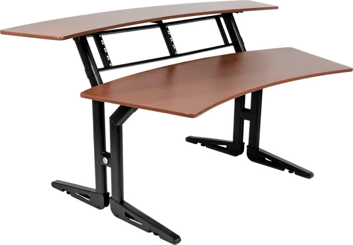 Quiklok Mueble Estudio (Workstation) Con Dos Niveles y Soporte Rack 4x2U - Acero y Madera Cerezo 1990x1163x734mm