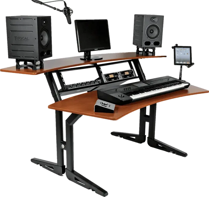 Quiklok Mueble Estudio (Workstation) Con Dos Niveles y Soporte Rack 4x2U - Acero y Madera Cerezo 1990x1163x734mm