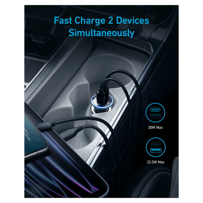 Anker Anker 323 Cargador de Coche USB-C 52.5W 3A IQ 3.0 Carga Rápida 2 Puertos