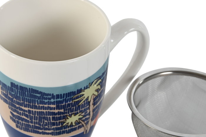 DKD Home Decor Teide 2023 Mug Infusiones Tropical Azul Verde Porcelana Inox 9 x 11 x 12 cm (3 Unidades)