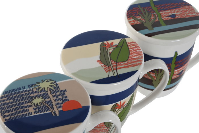 DKD Home Decor Teide 2023 Mug Infusiones Tropical Azul Verde Porcelana Inox 9 x 11 x 12 cm (3 Unidades)