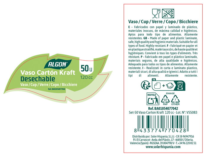 Inde Set-50 Vaso Cartón Kraft 120 cc (18 Unidades)