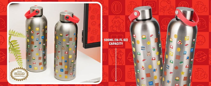 Paladone Products Super Mario Botella de agua metálica con correa