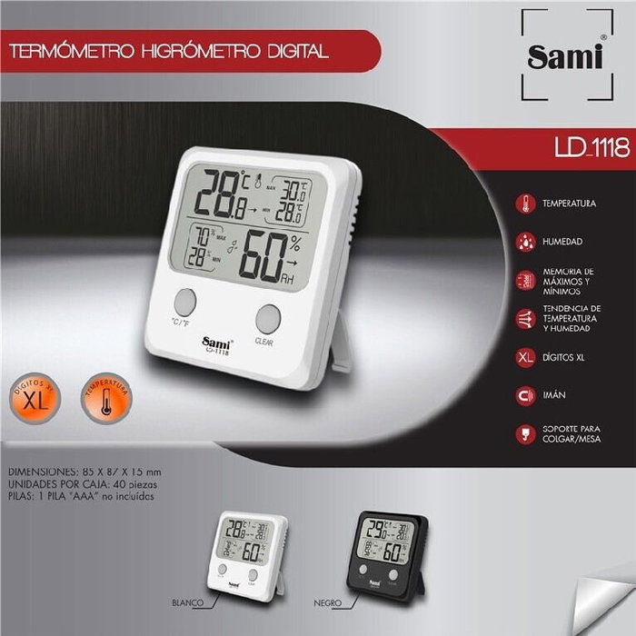 SAMI Reloj meteorológico con termómetro e higrómetro, dígitos XL, negro
