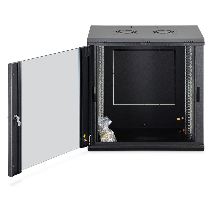 Digitus Dynamic-N Serie 12U Caja Mural de Rack - Armario de pared 600 x 450 mm (ancho x fondo), sin montar, Negro, Acero/Vidrio