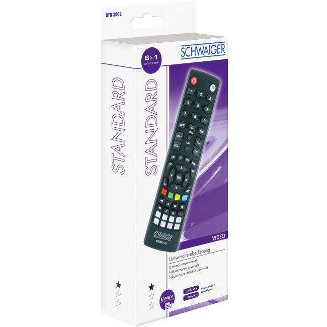 Schwaiger UFB3802533 Mando a Distancia Universal 8 en 1 Preprogramado para DTV y TV, Negro