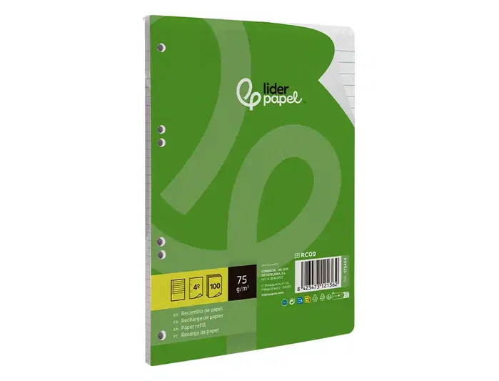 Liderpapel Recambio DIN A5 100 hojas 75 gr horizontal con margen y 6 taladros Liderpapel Recambio DIN A5 100 hojas 75 gr horizontal con margen y 6 taladros