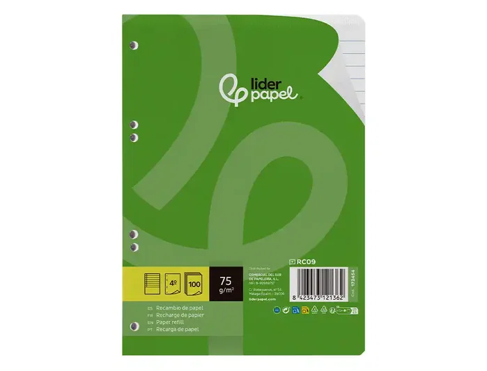 Liderpapel Recambio DIN A5 100 hojas 75 gr horizontal con margen y 6 taladros Liderpapel Recambio DIN A5 100 hojas 75 gr horizontal con margen y 6 taladros