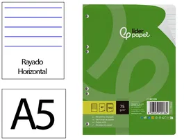 Liderpapel Recambio DIN A5 100 hojas 75 gr horizontal con margen y 6 taladros