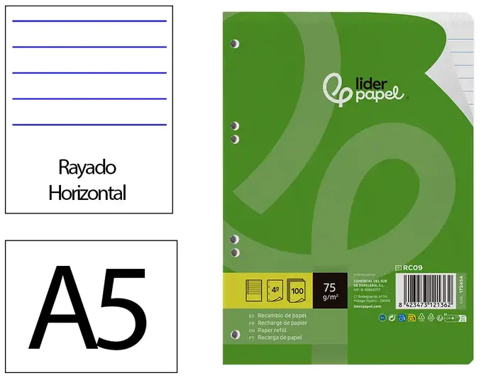 Liderpapel Recambio DIN A5 100 hojas 75 gr horizontal con margen y 6 taladros Liderpapel Recambio DIN A5 100 hojas 75 gr horizontal con margen y 6 taladros