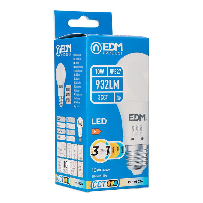 Edm Bombilla LED Estándar A60 E27, 10W, 932LM, 3 Temperaturas de Color (3000K-4000K-6500K), F, 220-240V, 25.000H Vida, 60 x 116 mm