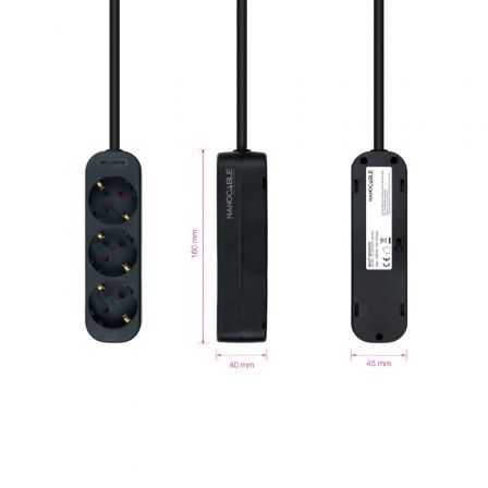 Nano Cable Regleta 10.38.0003-NS-BK con 3 Tomas de Corriente y Protección Infantil, Cable 1.4m, Negra