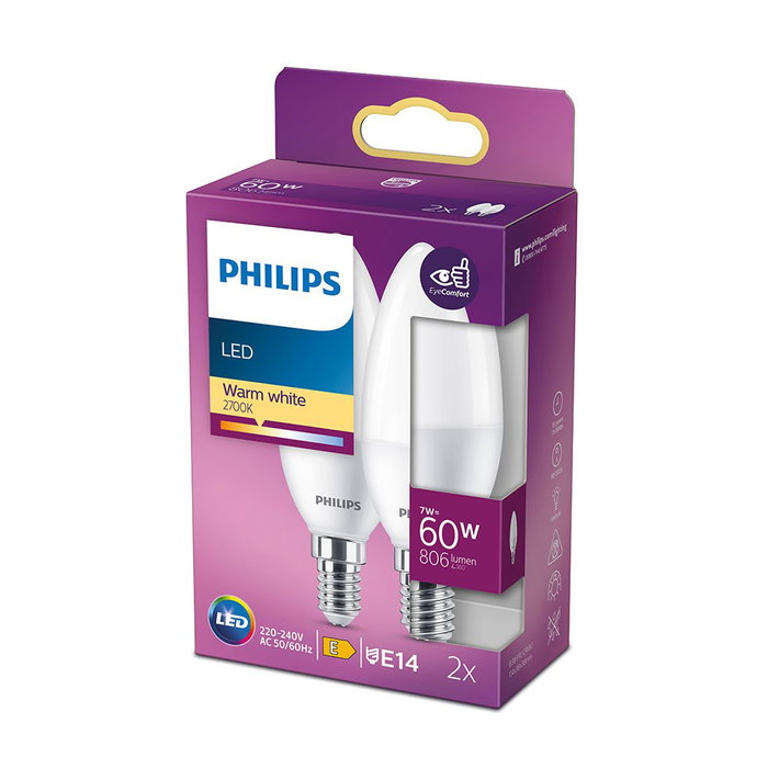 Philips Bombilla LED Vela E14 7W (Equivalente 60W) 806 Lm 2700K Luz Cálida No Regulable Clase E - Pack de 2 Unidades