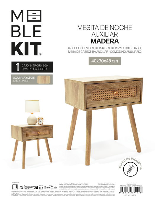 Inde Mesita De Noche Auxiliar Madera 42,5 cm alto x 32,6 cm largo x 8,7 cm ancho (2 Unidades)