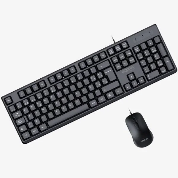Approx APPMX245 Kit Teclado y Ratón USB Compacto, Teclado QWERTY Español 105 Teclas y Ratón Óptico 1000 DPI, Negro, Cable 1.45 m, Plug & Play, Compatible con Windows/Mac/Linux