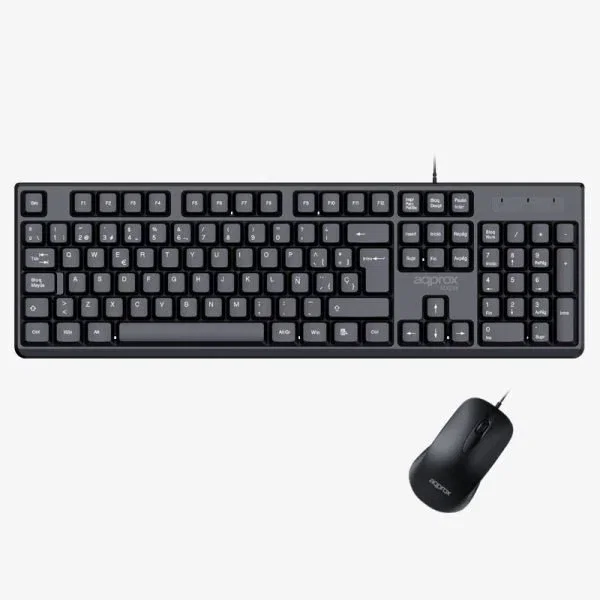 Approx APPMX245 Kit Teclado y Ratón USB Compacto, Teclado QWERTY Español 105 Teclas y Ratón Óptico 1000 DPI, Negro, Cable 1.45 m, Plug & Play, Compatible con Windows/Mac/Linux
