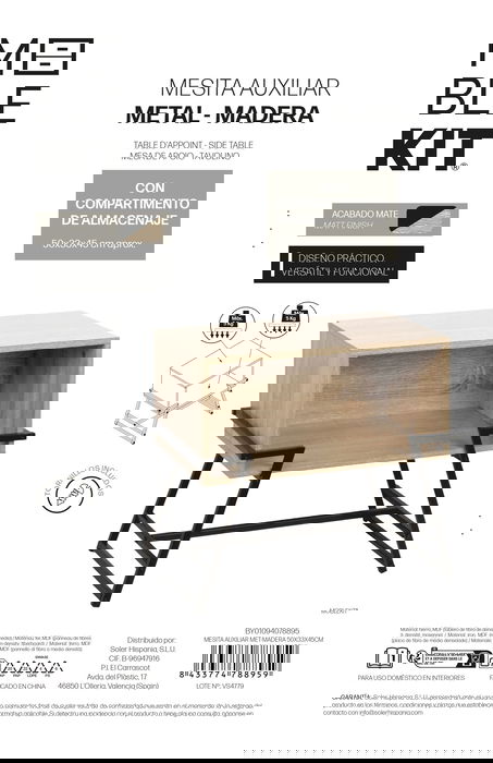 Inde Mesita Auxiliar Met-Madera 50 cm x 33 cm x 45 cm (3 Unidades)