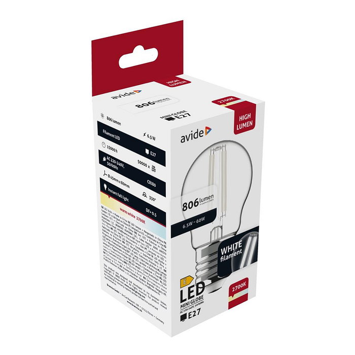Avide Bombilla LED White Filament Mini Globe 6,5W E27 Blanco Cálido