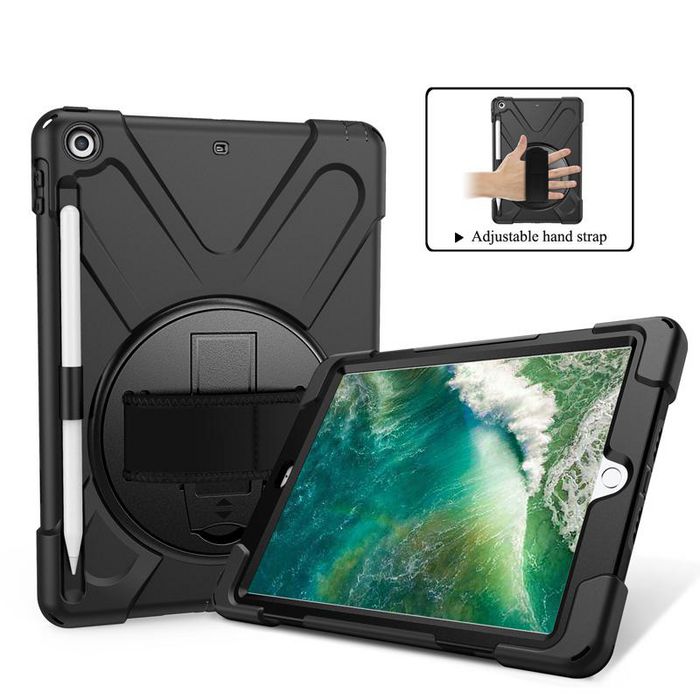 eSTUFF Funda Defender para iPad 9.7 pulgadas (2018/2017) modelo AUSTIN, 360 grados, anti-impactos, con soporte y correa - Negro
