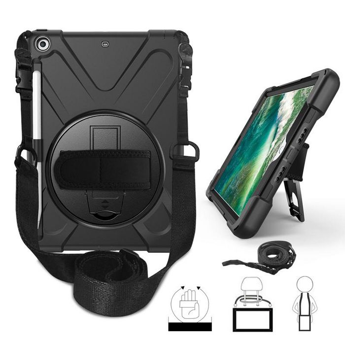 eSTUFF Funda Defender para iPad 9.7 pulgadas (2018/2017) modelo AUSTIN, 360 grados, anti-impactos, con soporte y correa - Negro