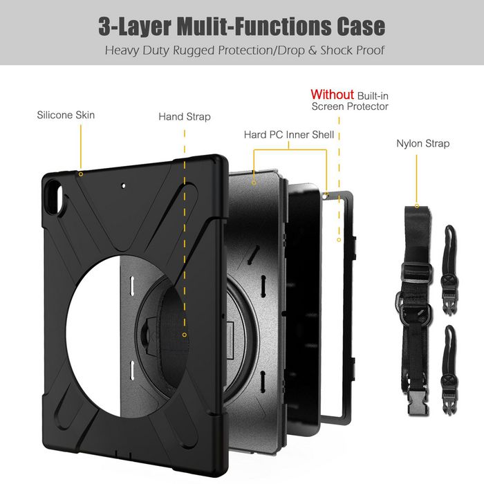 eSTUFF Funda Defender para iPad 9.7 pulgadas (2018/2017) modelo AUSTIN, 360 grados, anti-impactos, con soporte y correa - Negro
