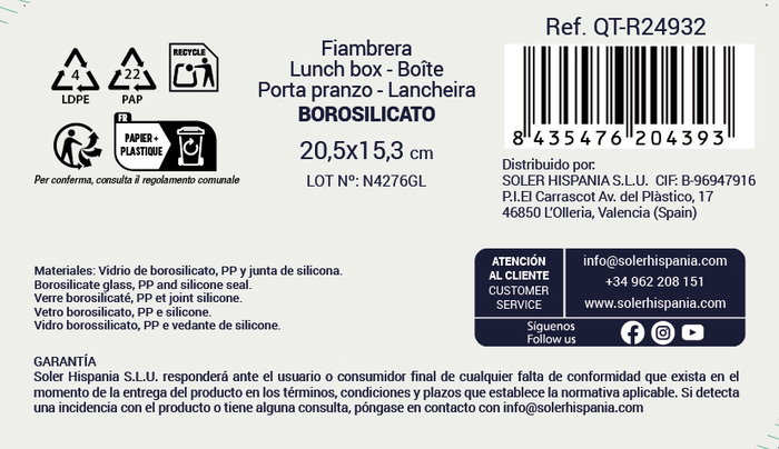 Quttin Fiambrera Rectangular Hermética de 1 Litro (6 Unidades)