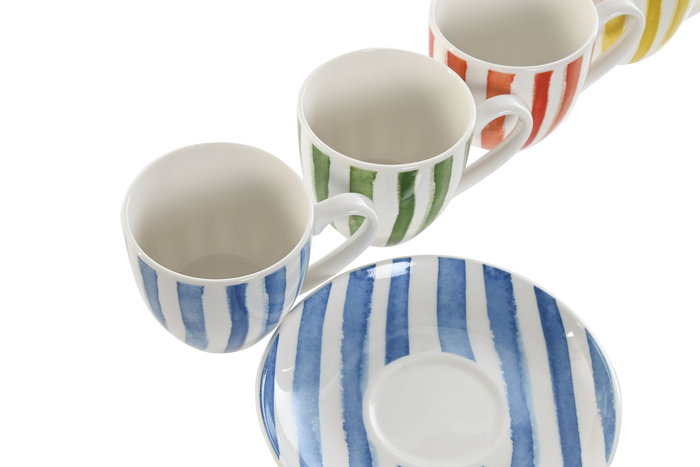 DKD Home Decor Tazas de Café Mediterraneo, Porcelana, Set de 6 Piezas, Azul, Verde, Coral, Amarillo, Apto Microondas y Lavavajillas, 90ml, 6.2 x 5.5 x 8.5 cm