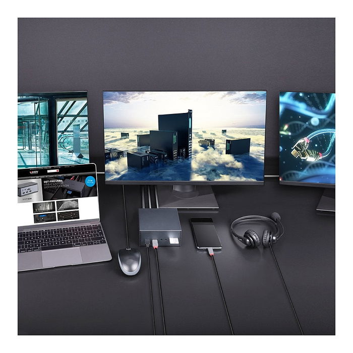 LINDY Docking Station USB-C DST-Pro 101 con PD 3.0, 3 Pantallas 4K, Ethernet Gigabit, Lector de Tarjetas, para Laptop, Gris Aluminio LINDY Docking Station USB-C DST-Pro 101 con PD 3.0, 3 Pantallas 4K, Ethernet Gigabit, Lector de Tarjetas, para Laptop, Gris Aluminio