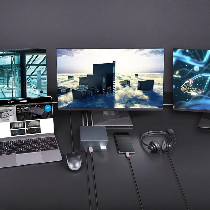 Lindy 43378 Base/Docking Station para Portátil con USB-C, Ethernet 100 Mbit/s, 2x HDMI, DisplayPort, Lector SD y 6 Puertos USB - Gris