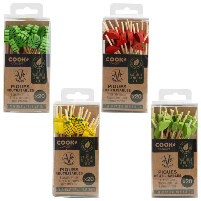 Cook Concept Juego de 20 Pinchos de Bambú 12 cm Modelos Surtidos Hoja de Monstera Sandía Piña Cook Concept Juego de 20 Pinchos de Bambú 12 cm Modelos Surtidos Hoja de Monstera Sandía Piña