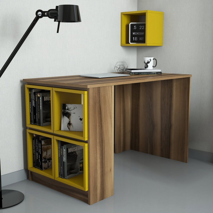 Hanah Home Mesa de Estudio Nogal y Amarillo 120cm x 75cm x 65cm