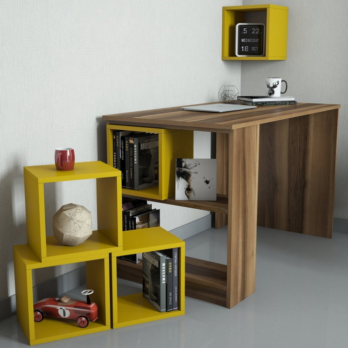 Hanah Home Mesa de Estudio Nogal y Amarillo 120cm x 75cm x 65cm