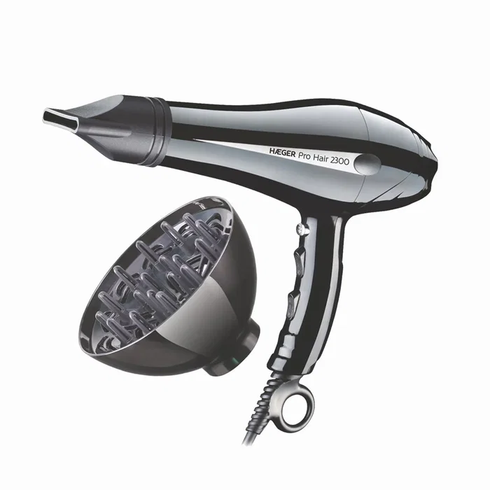 Haeger Pro Hair Secador de Pelo 2300W - 2 Velocidades, 3 Temperaturas, Protección Sobrec., con Concentrador y Difusor - Negro