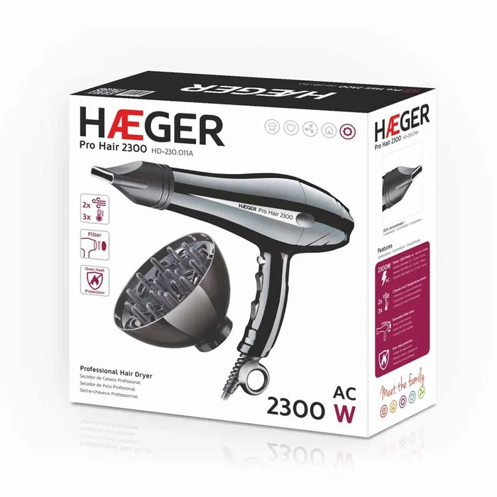 Haeger Pro Hair Secador de Pelo 2300W - 2 Velocidades, 3 Temperaturas, Protección Sobrec., con Concentrador y Difusor - Negro