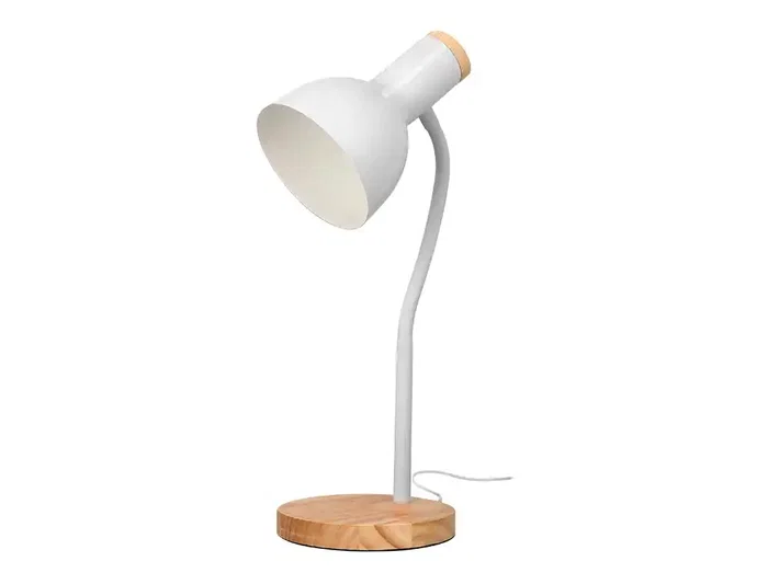 Q-Connect Orion - Lámpara de Escritorio de Metal con Detalles de Madera y Brazo Flexible, Color Blanco, para Oficina, 40W Máx, Incluye Interruptor, Certificaciones CE/RoHS