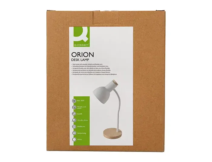 Q-Connect Orion - Lámpara de Escritorio de Metal con Detalles de Madera y Brazo Flexible, Color Blanco, para Oficina, 40W Máx, Incluye Interruptor, Certificaciones CE/RoHS