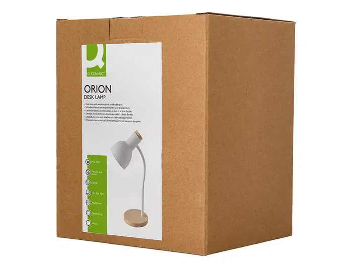 Q-Connect Orion - Lámpara de Escritorio de Metal con Detalles de Madera y Brazo Flexible, Color Blanco, para Oficina, 40W Máx, Incluye Interruptor, Certificaciones CE/RoHS