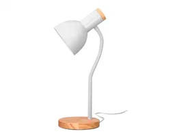 Q-Connect Orion - Lámpara de Escritorio de Metal con Detalles de Madera y Brazo Flexible, Color Blanco, para Oficina, 40W Máx, Incluye Interruptor, Certificaciones CE/RoHS