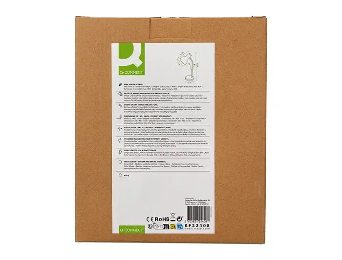 Q-Connect Orion - Lámpara de Escritorio de Metal con Detalles de Madera y Brazo Flexible, Color Blanco, para Oficina, 40W Máx, Incluye Interruptor, Certificaciones CE/RoHS