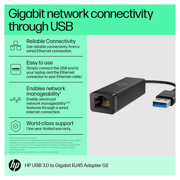 HP Adaptador USB 3.0 a Gigabit RJ45 G2 Negro HP Adaptador USB 3.0 a Gigabit RJ45 G2 Negro