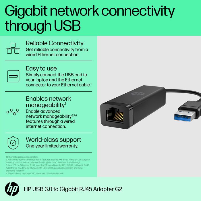 HP Adaptador USB 3.0 a Gigabit RJ45 G2 para Conectividad de Red Ethernet 10/100/1000