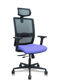 Silla de oficina Haches con mecanismo Sincro/Traslack tapizada con Tela color Azul claro y malla color Negro. Equipada con lumbar 1D, Brazos 2D, Cabecero 2D y Ruedas 65mm nailon