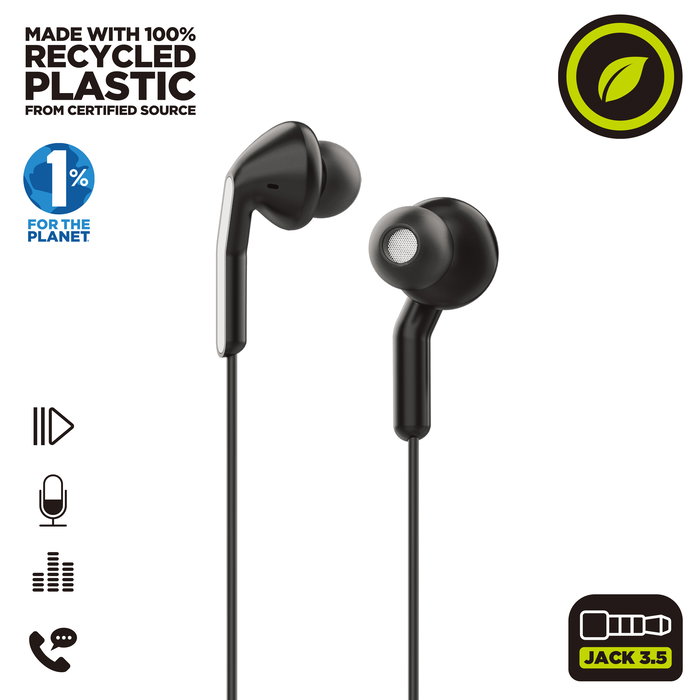 Muvit Auriculares E57 Negro con Micrófono y Diseño Ergonómico, Ecológicos, Certificación FSC y GRS