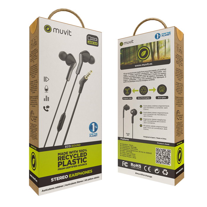Muvit Auriculares E57 Negro con Micrófono y Diseño Ergonómico, Ecológicos, Certificación FSC y GRS