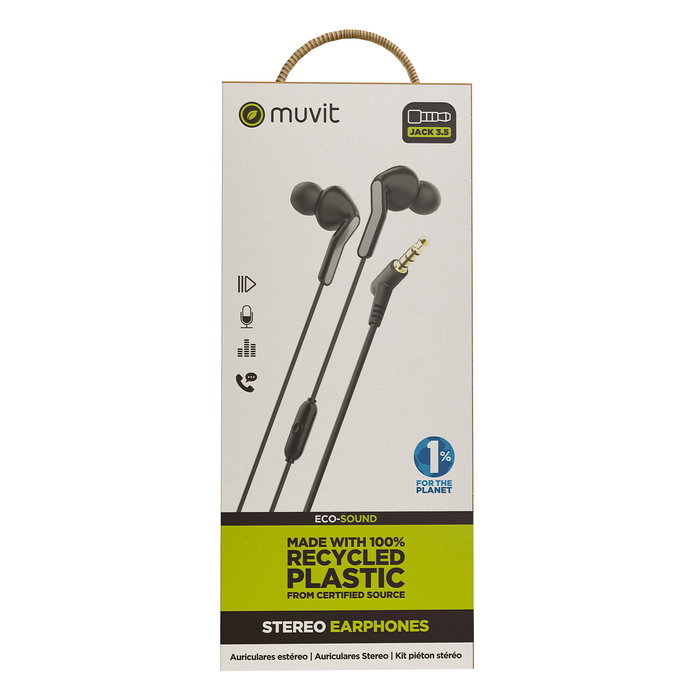 Muvit Auriculares E57 Negro con Micrófono y Diseño Ergonómico, Ecológicos, Certificación FSC y GRS
