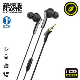 Muvit Auriculares E57 Negro con Micrófono y Diseño Ergonómico, Ecológicos, Certificación FSC y GRS