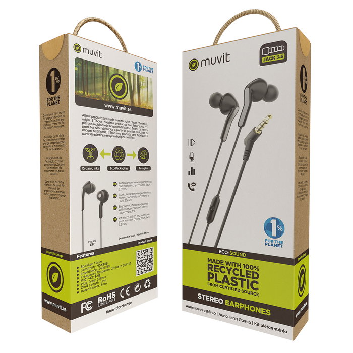Muvit Auriculares E57 Negro con Micrófono y Diseño Ergonómico, Ecológicos, Certificación FSC y GRS