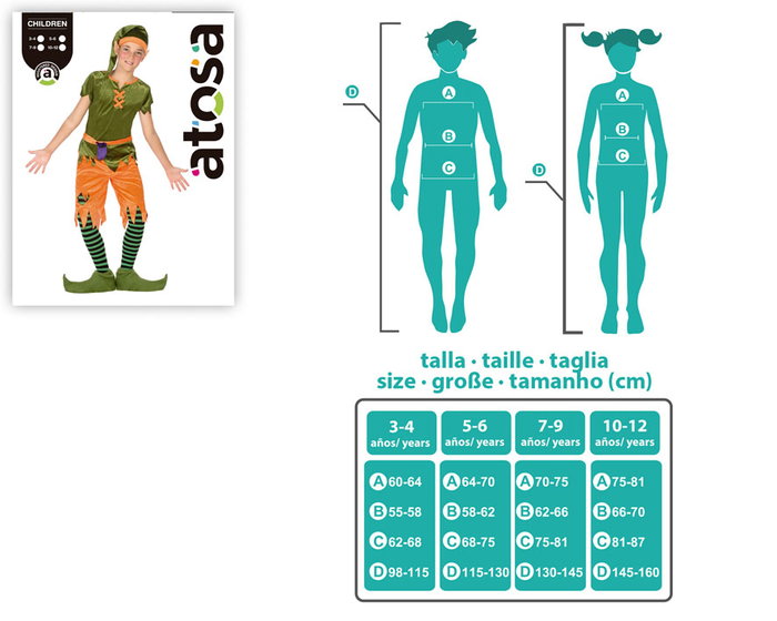 Disfraz Duende Infantil Niño Naranja Verde para 10-12 Años con Sombrero, Camisa, Pantalón, Cinturón y Cubrezapatos - Tema Fantasía
