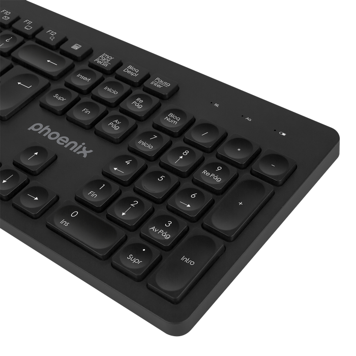 Phoenix Teclado Inalámbrico K200 QWERTY Negro con Conexión 2.4GHz, Teclas Multimedia y Diseño Ergonómico para Windows, macOS, Linux