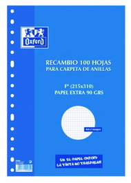 OXFORD Recambio School Fº 100h 90gr 16 Taladros Cuadric. 4x4 c/Margen Azul (Set de 25)